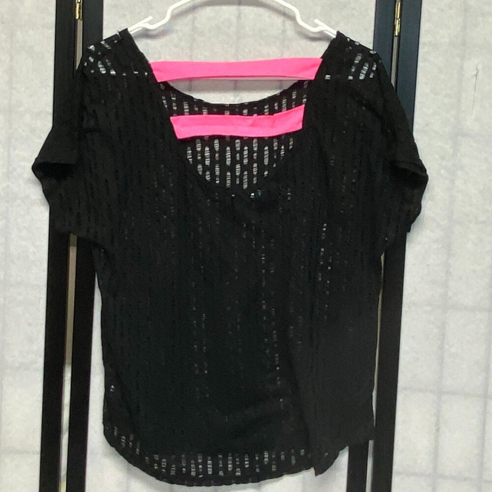 Maurices Crop Deep V Ladder Back Openwork Top Coverup L Black Pink Dolman Sleeve - Picture 2 of 12